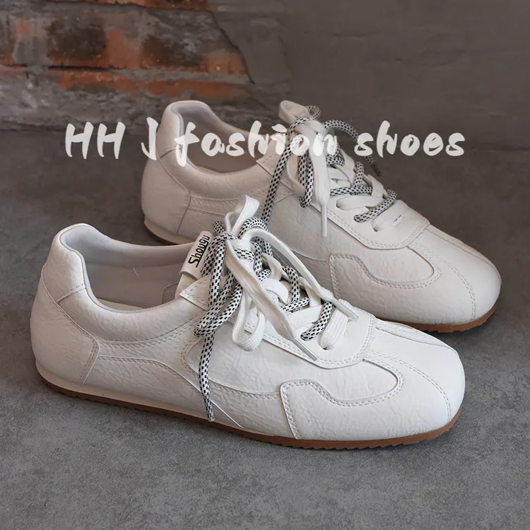 真皮德训鞋女2025新款秋季韩版芭蕾风休闲板鞋百搭厚底系带小白鞋