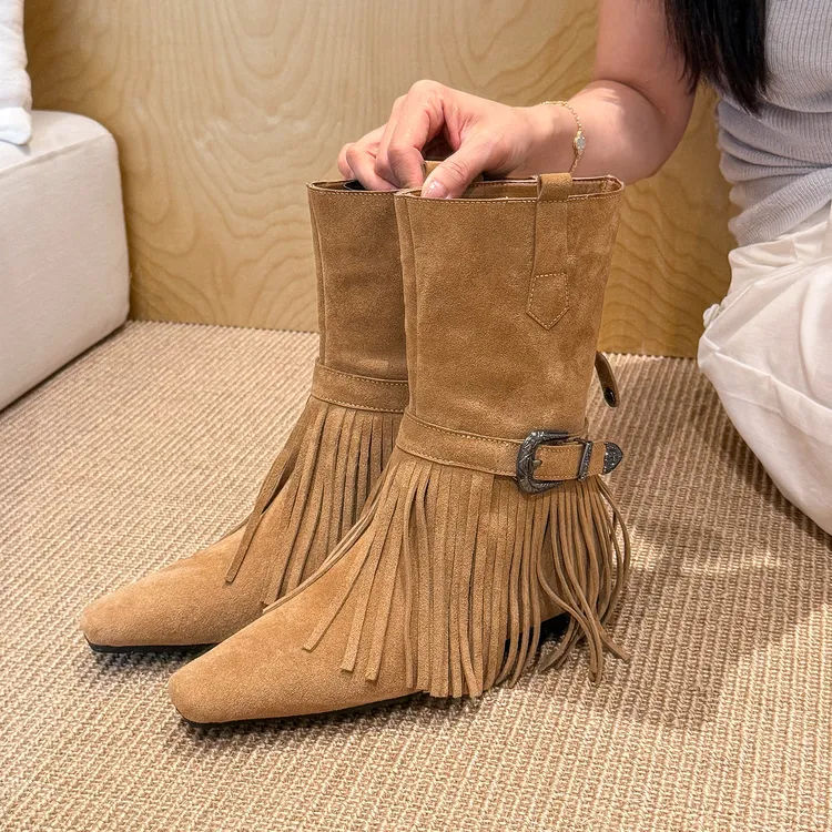 elingstudio 流浪诗人！卡其方头流苏短靴女2025年新款秋季两穿靴
