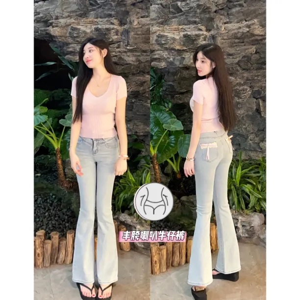 希野逸儿/纯欲主义少女蕾丝蝴蝶结浅蓝丰胯喇叭牛仔裤女2025新款