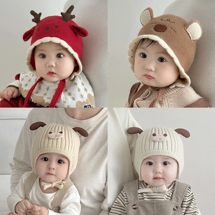 婴儿帽子秋冬季男女宝宝可爱针织婴幼儿冬季加厚毛线帽外出护耳帽