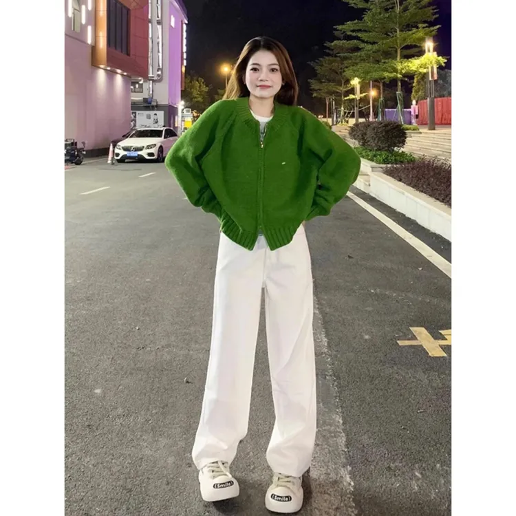 绿色针织开衫高级感外套毛衣女秋季2025新款慵懒风艺术生奶乖上衣