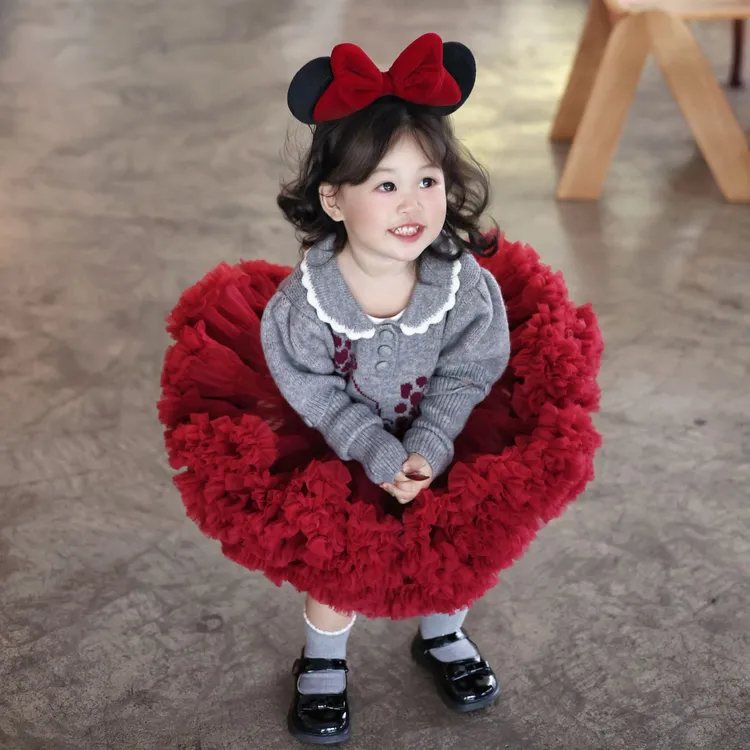 女童春秋tutu裙套装手工勾花翻领毛衣配袖套童设计感毛衣蓬蓬裙