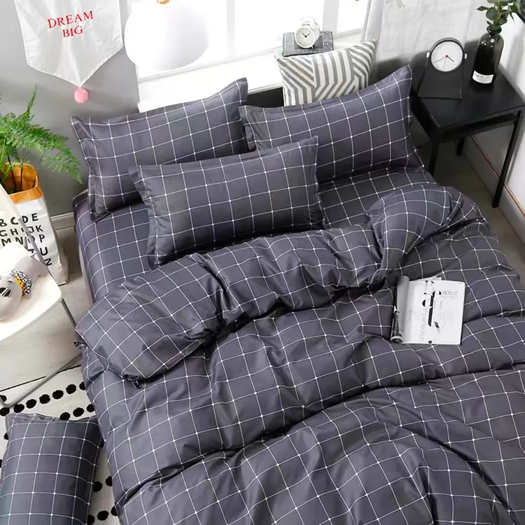 （全棉四件套）冬季学生宿舍被罩单人床品套件春季黄色格子四件套