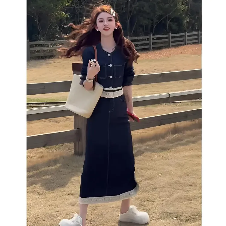 2025春秋时尚套装洋气拼接蕾丝长袖上衣半身裙减龄两件