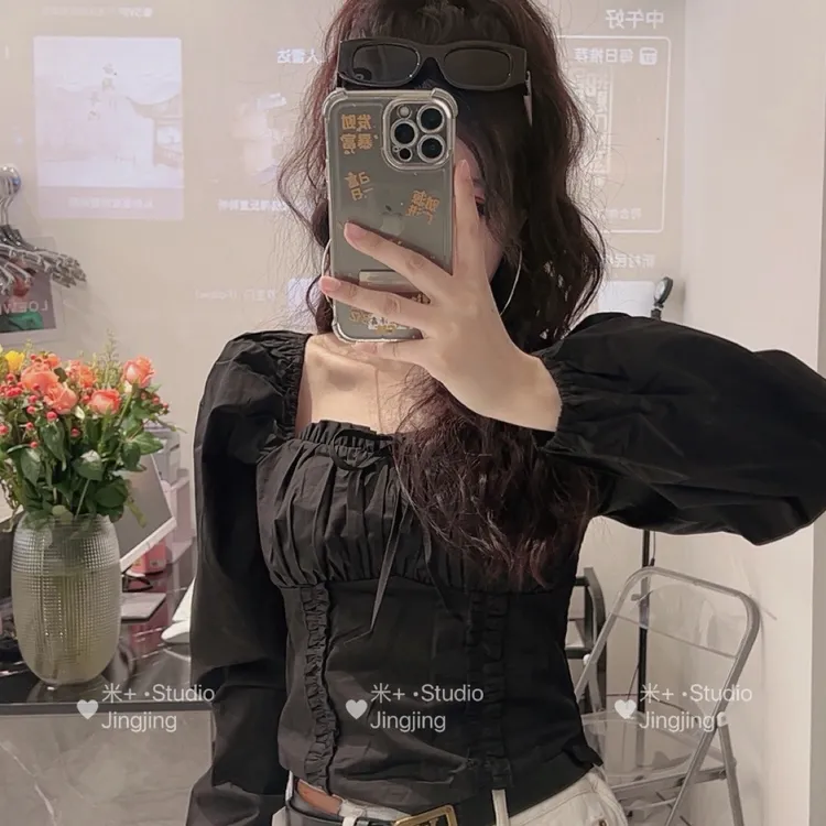 Mi+【甜美糖果】实体店不露背版两穿系带子简洁褶皱弹力长袖上衣