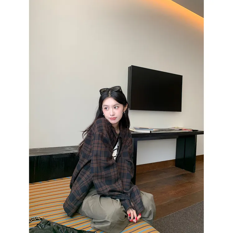 【番茄妹妹】'巴塞尔落日'夹克女棕黑格纹复古小众上衣早秋工装外套