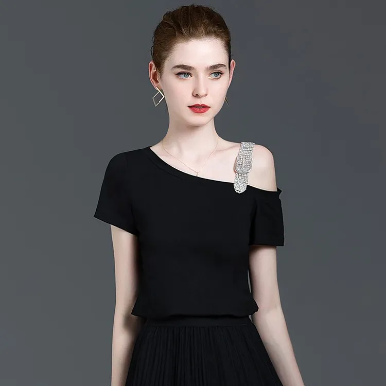 一字肩短袖t恤女纯棉2025新款夏斜肩时尚百搭性感露肩黑色上衣