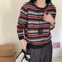 圆领套头拼色条纹长袖针织衫-5104