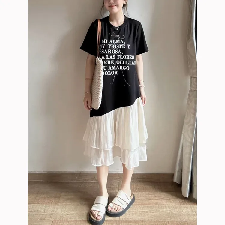 设计感拼接假两件裙子女大码胖mm显瘦遮肉遮肚子宽松时尚连衣裙女