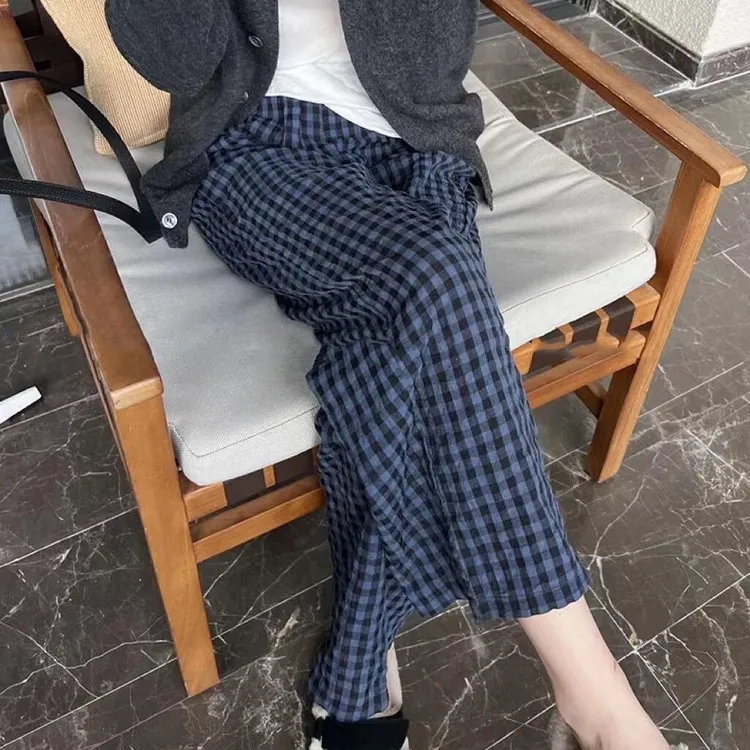 可外穿多巴胺格子长裤女清凉透气家居直筒九分韩版高腰显瘦百搭