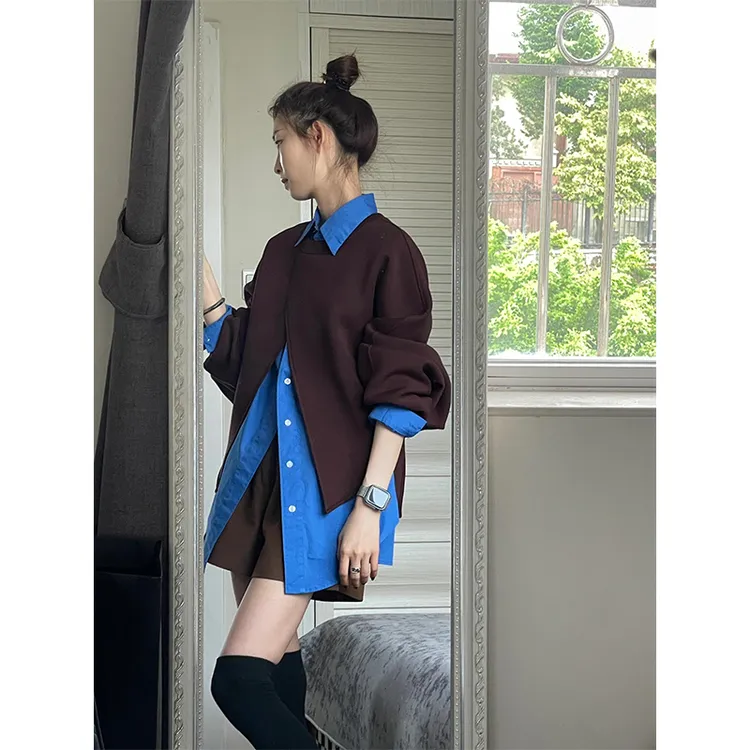 parkyeon秋冬美拉德撞色拼接假两件廓形衬衫女秋冬新款中长款衬衣