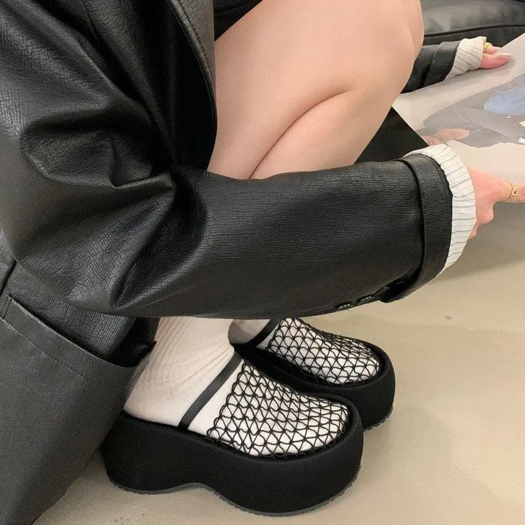 法式松糕厚底凉鞋女2025新款镂空透气坡跟半拖鞋小个增高凉拖鞋