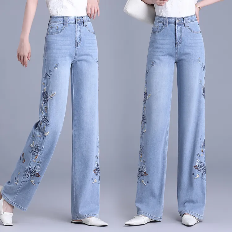 2025绣花牛仔裤女装加绒新款欧若蓝重工时尚气质减龄垂感直筒裤子