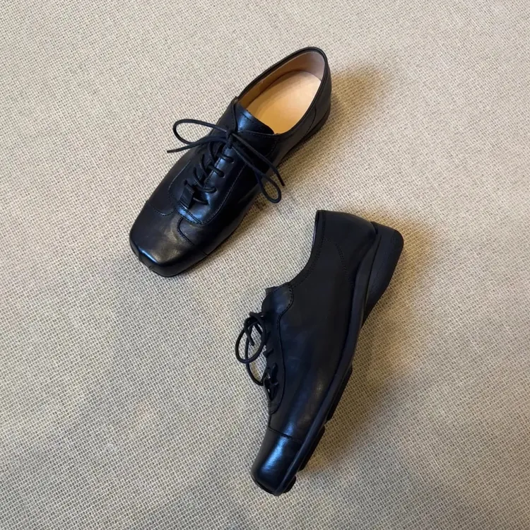 羊皮版~复古文艺方头系带小皮鞋女黑色厚底运动单鞋英伦风乐福鞋