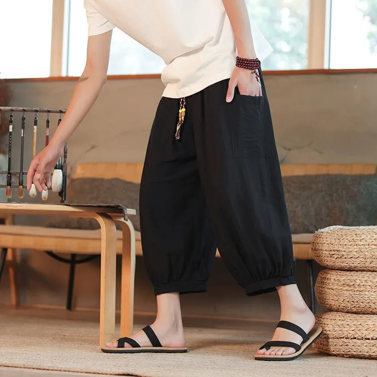 冰丝男裤夏季薄款潮牌宽松直筒灯笼运动裤大码休闲纯色阔腿7分裤