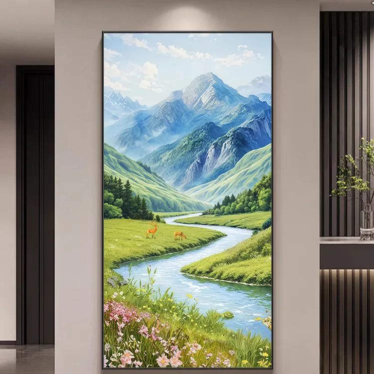 福居宝地山水画玄关装饰画正对门金山聚财挂画绿水青山风景画壁画