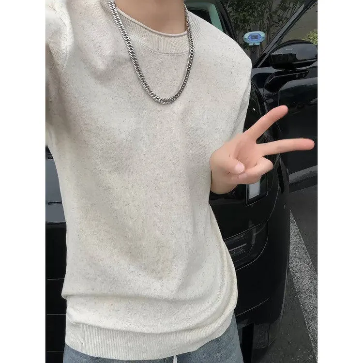 中兴风针织棉麻花纱老钱松弛情侣夏季透气圆领短袖针织衫