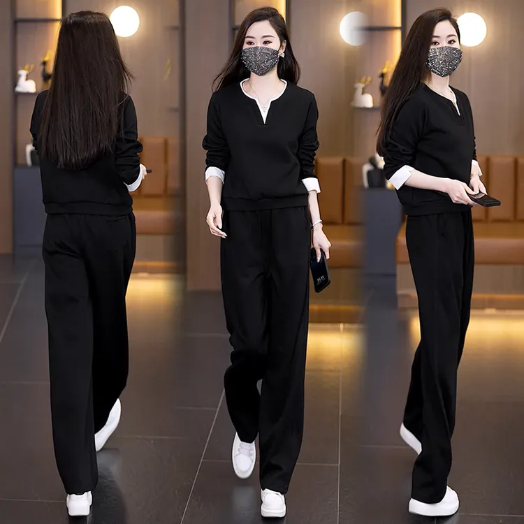 大码女装2025秋装新款休闲时尚运动套装洋气减龄显瘦阔腿裤两件套