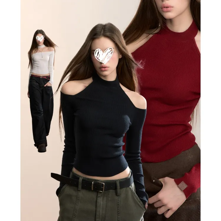 设计感正反两穿小高领露肩性感毛织打底T恤女秋冬修身上衣F01735