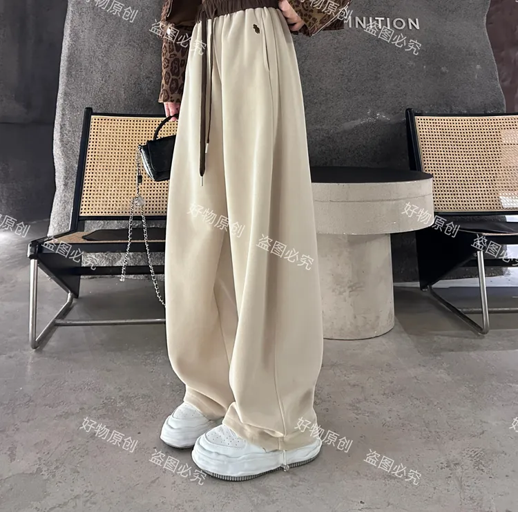 (秋款)刺绣拼色高腰束脚两穿阔腿卫裤女一裤两穿拖地裤6605#