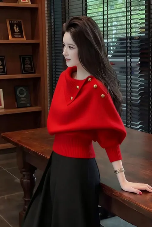 美拉德红色轻熟风翻领毛衣女秋冬高级感慵懒老钱风针织衫内搭上衣