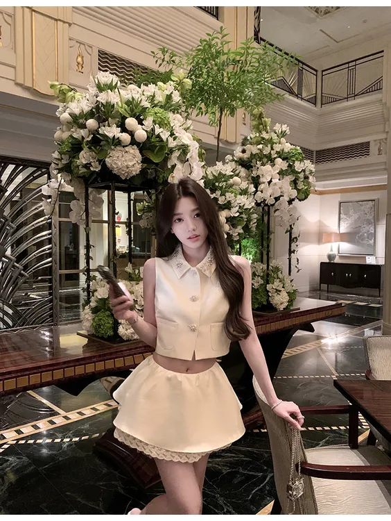 仲夏甜心 重工钻链马甲背心上衣蕾丝拼接半裙miu系精致少女感套装