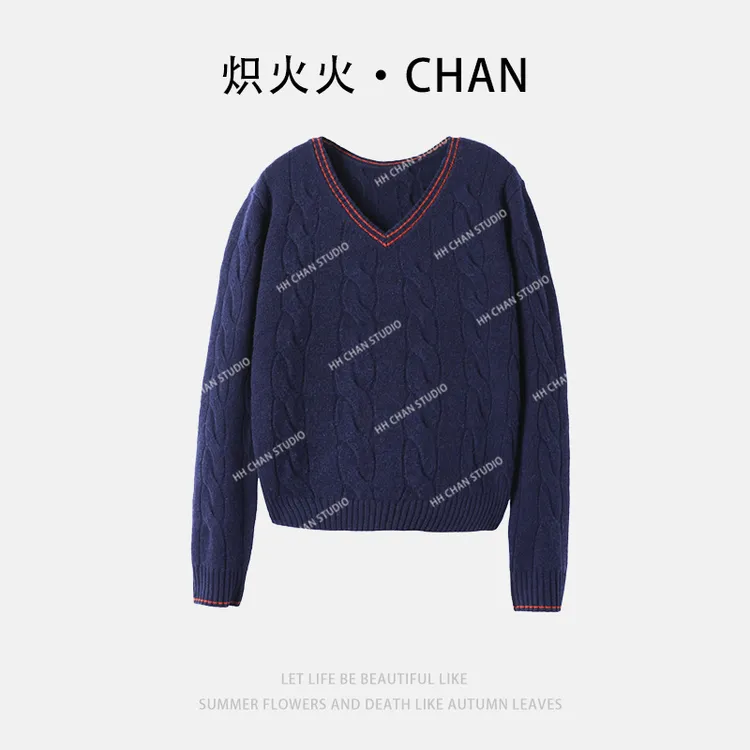 HH.CHAN“藏青优雅”100%羊毛V领通勤显瘦藏青色百搭毛衣HH53G38787