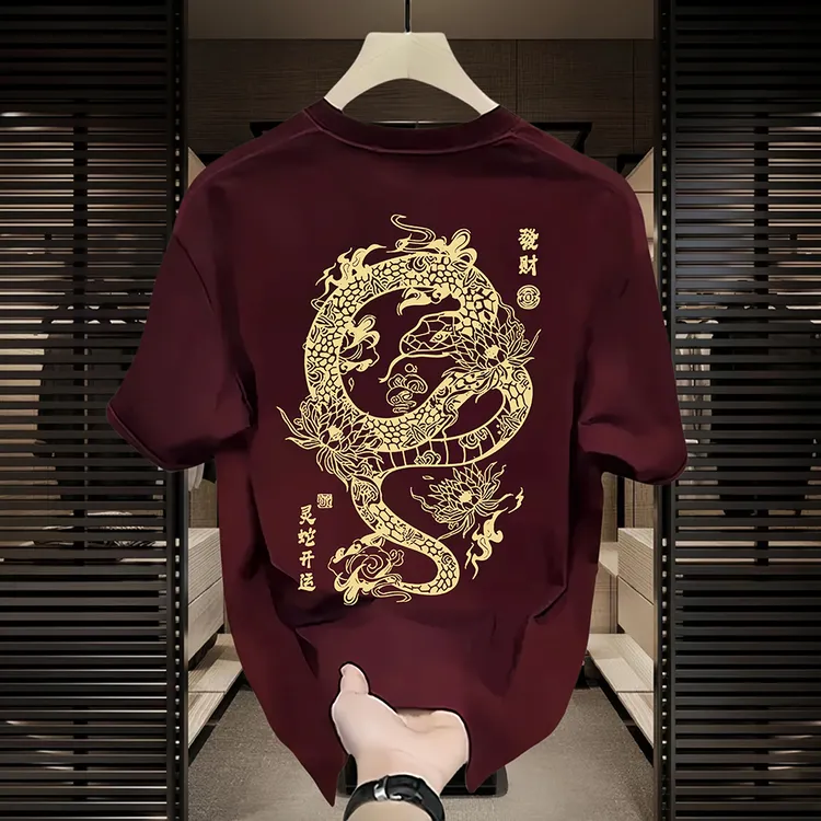 赫库森2025新款潮牌纯棉T恤圆领上衣印花时尚国潮新年短袖打底衫