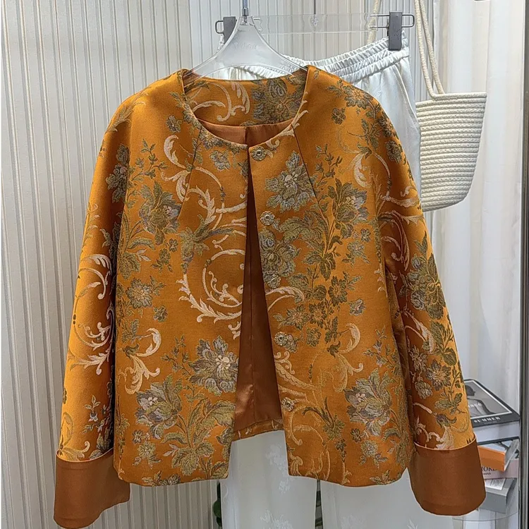 【枝繁叶茂】秋冬新款新中式国风橙色立体浮雕织锦提花国风小外套