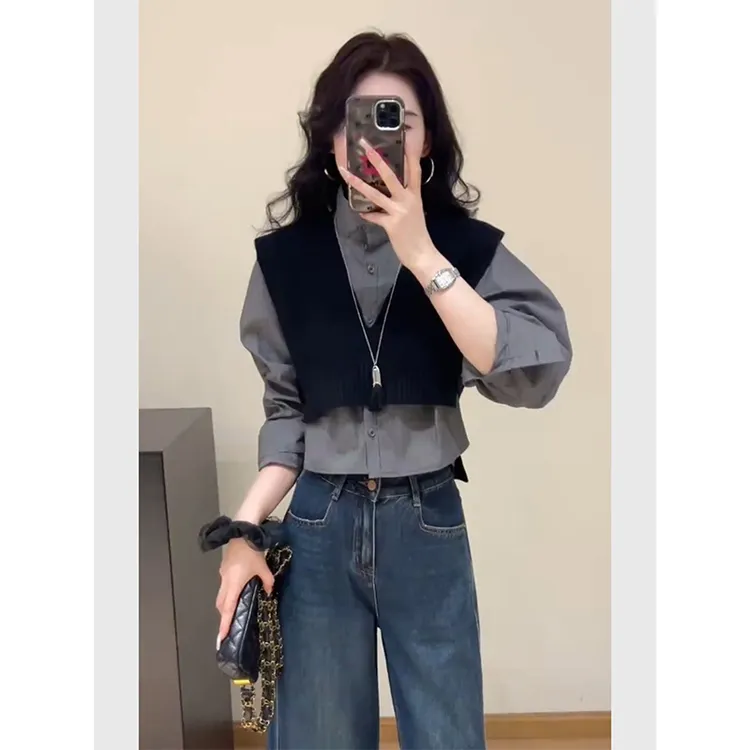 灰色短款衬衫叠穿马甲女时髦洋气极简高级感法式独特精致宽松上衣