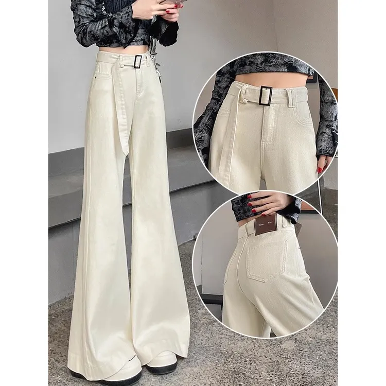 米白色阔腿牛仔裤女大裤脚2025春季高腰宽松设计感工装拖地流浪裤