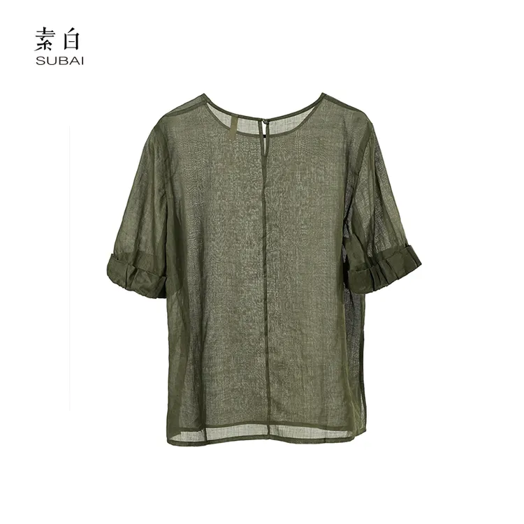 素白复古浪漫S01637减龄花苞袖简约百搭100%苎麻圆领T恤