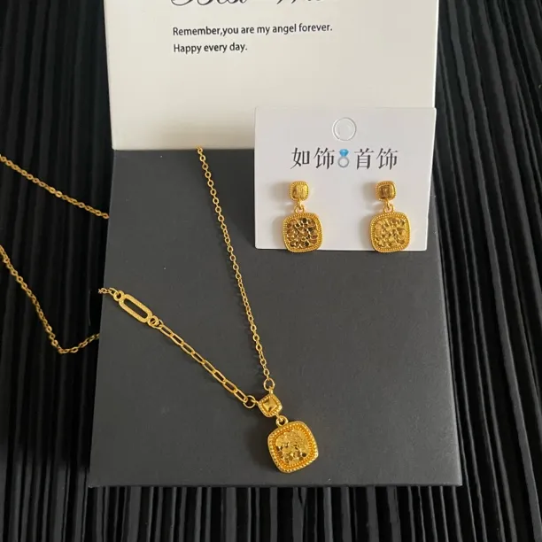 铜合金项链 如饰 古法方形两件套套装时尚百搭气质精致