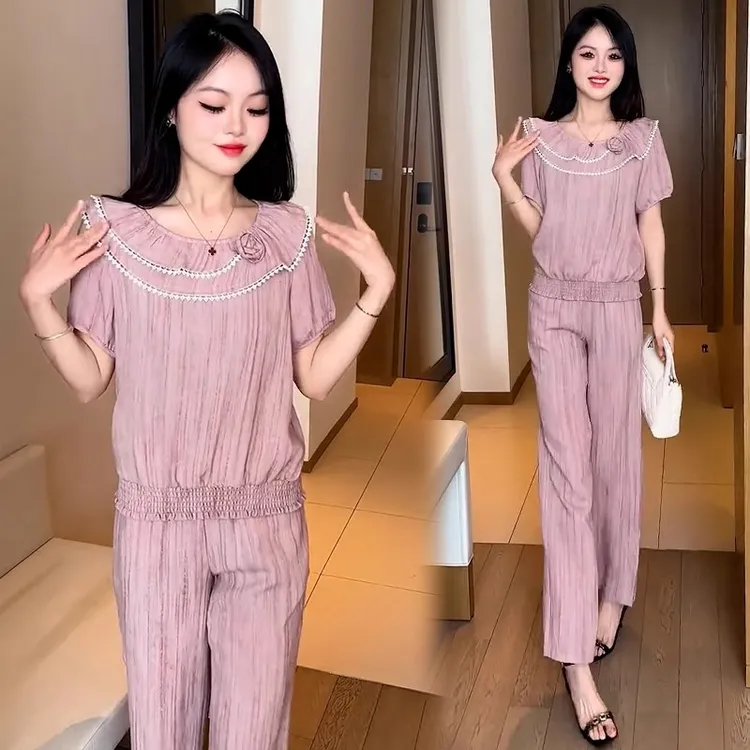 时尚套装女2025夏季新款洋气显瘦荷叶领短袖上衣阔腿裤减龄两件套