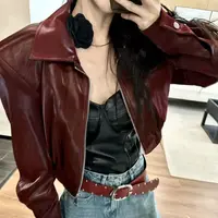 网红同款高级丝光蛋白软皮PU皮衣红色外套女秋季宽松短款收腰夹克