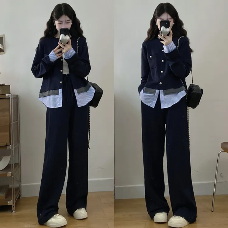 大码胖mm宽松单排扣下摆拼接开衫卫衣休闲阔腿裤两件套套装女