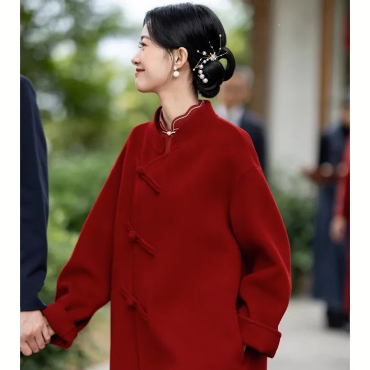 羊毛70%红色国风双面羊绒大衣女2025秋冬新款结婚喜庆中长款羊毛