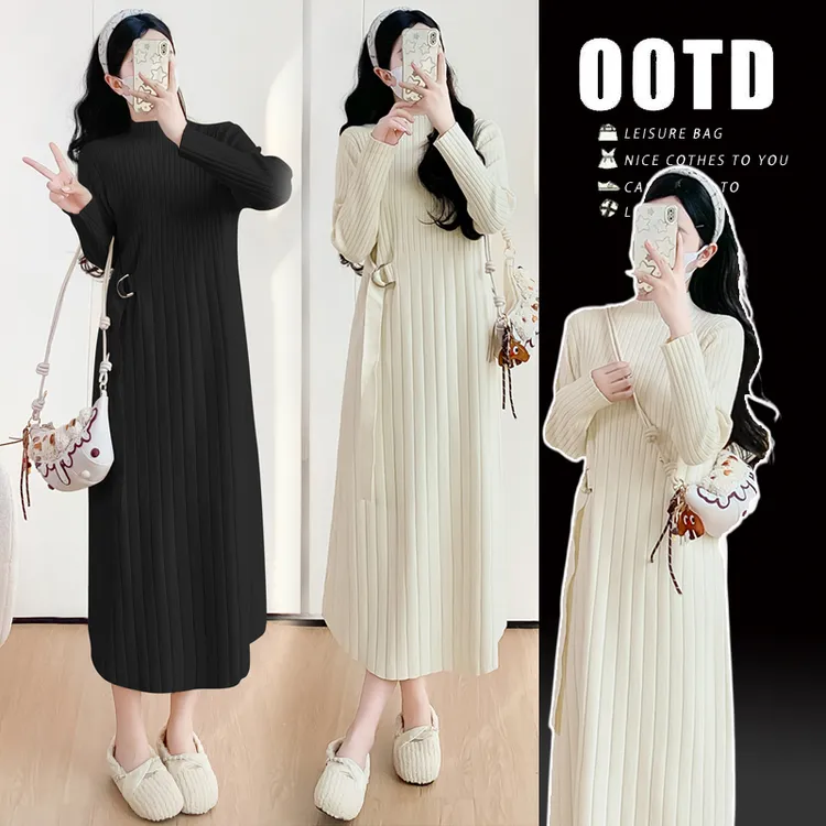 孕妇装秋装2025新款秋冬外穿休闲连衣裙时尚洋气宽松立领加厚长裙