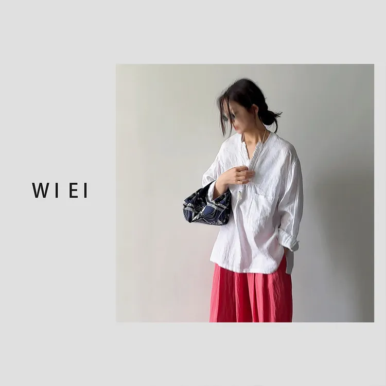 《WI EI》纯白少女*纯亚麻 法式V领荷叶边 长袖衬衫 23706