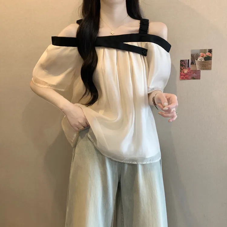 遮肚子露肩吊带衬衫女夏季打底衫微胖大码设计感宽松百搭洋气上衣