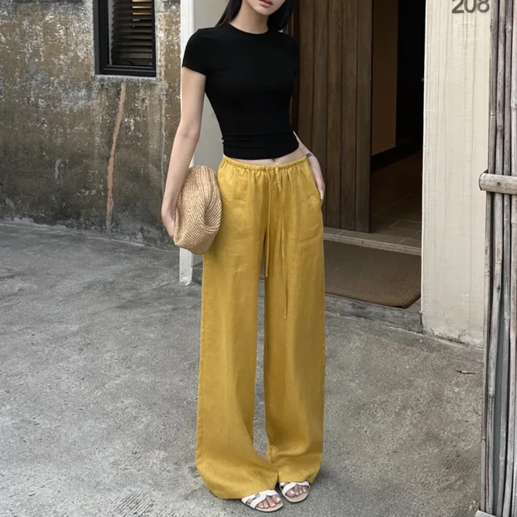 早秋姜黄色休闲阔腿长裤垂感阔腿裤直筒裤女秋季新款拖地西裤女
