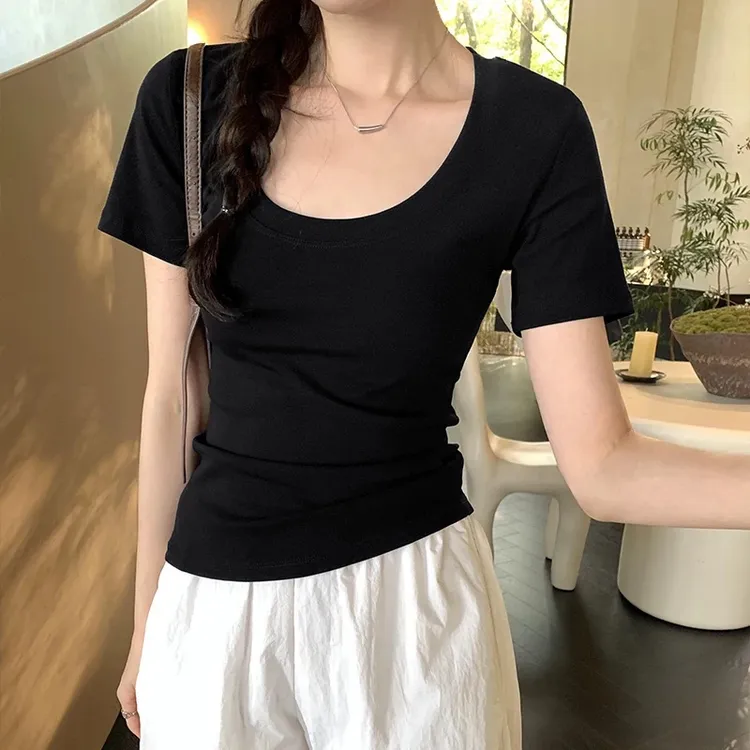 韩系高级感U领纯欲短袖t恤女夏季掐腰收腰新款简约基础款修身上衣