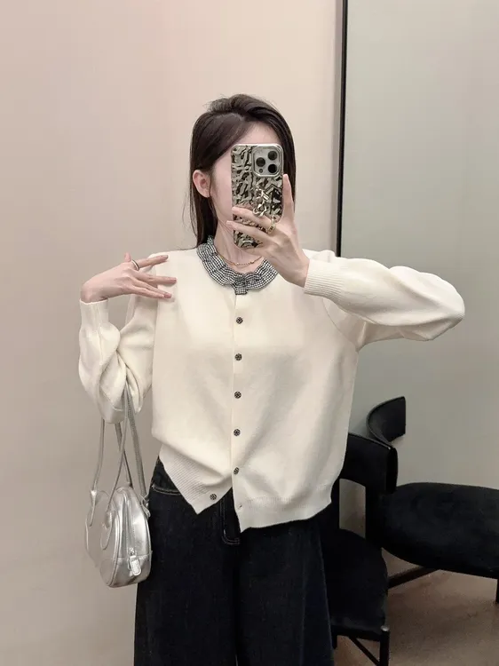 韩系撞色花边针织开衫女秋冬设计感百搭长袖显瘦宽松休闲上衣E64