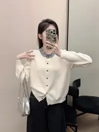 韩系撞色花边针织开衫女秋冬设计感百搭长袖显瘦宽松休闲上衣E64