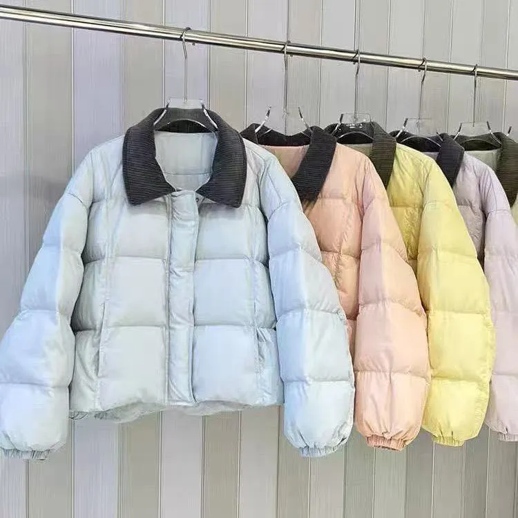 灯芯绒翻领白鸭绒女短款加厚韩版宽松小个子保暖外套