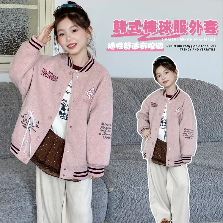 女童秋冬新款韩系字母刺绣蝴蝶结棒球服大童女孩夹棉呢子外套9-15