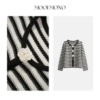 MOOI MONO"香颂千金"显瘦气质条纹手工花朵长袖开衫针织衫Z071H53