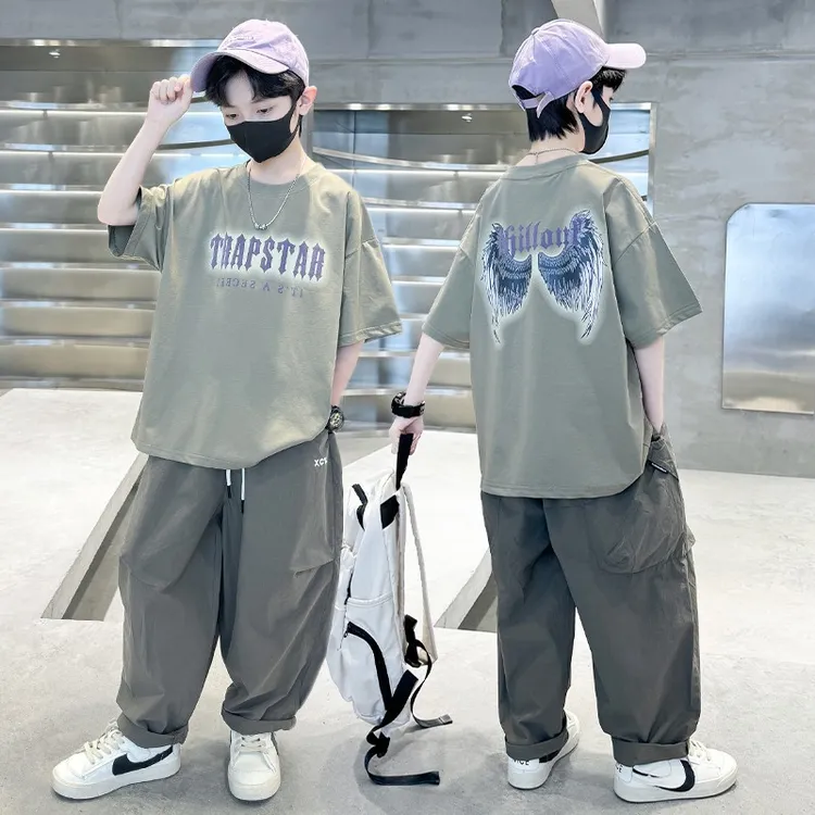 巴拉优选男童短袖长裤套装夏季薄款2025新款中大童装运动衣服帅气