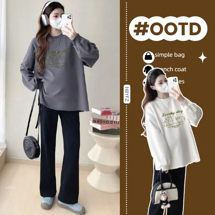 孕妇2025春秋款【加绒+薄款】动物卡通字母卫衣＋直筒抽绳卫裤两件套