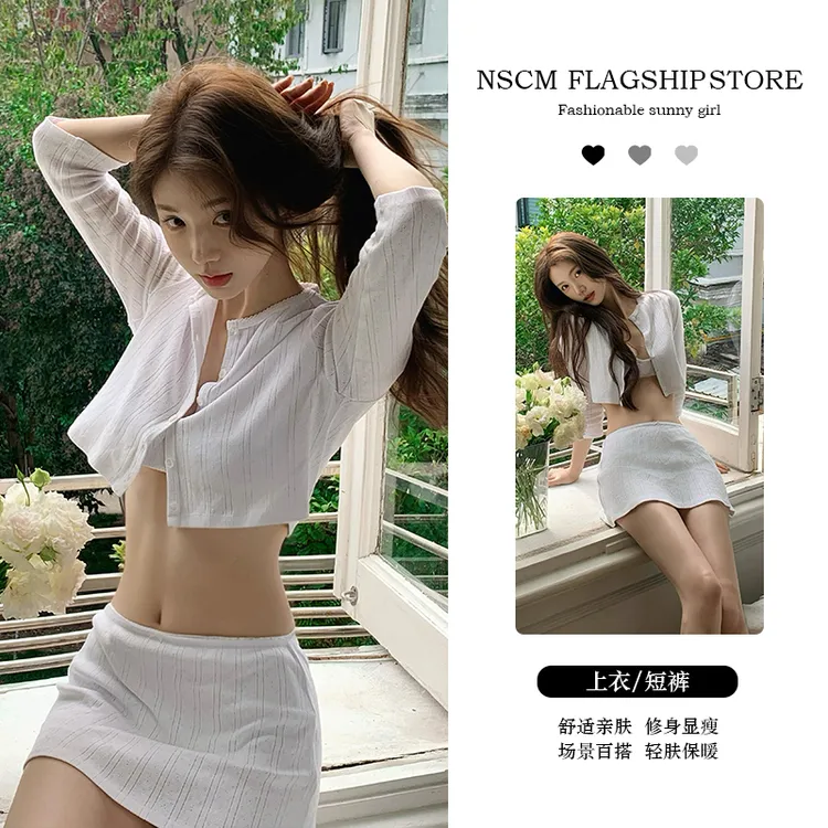 NSCM秋季新款网红洋气炸街女装韩版小众短款中袖圆领开衫高腰短裙